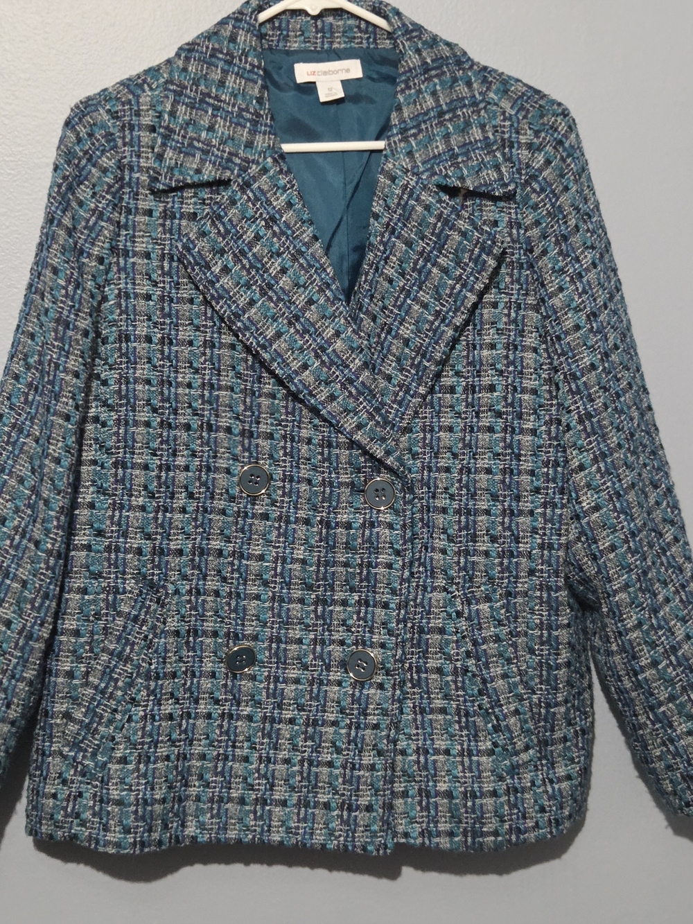 Liz Claiborne Teal and Navy Tweed Double-Breasted Blazer